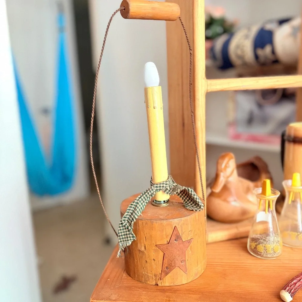 Primitive Rustic Wood Log Electric Candle Lamp Metal Star Farmhouse Decor 14